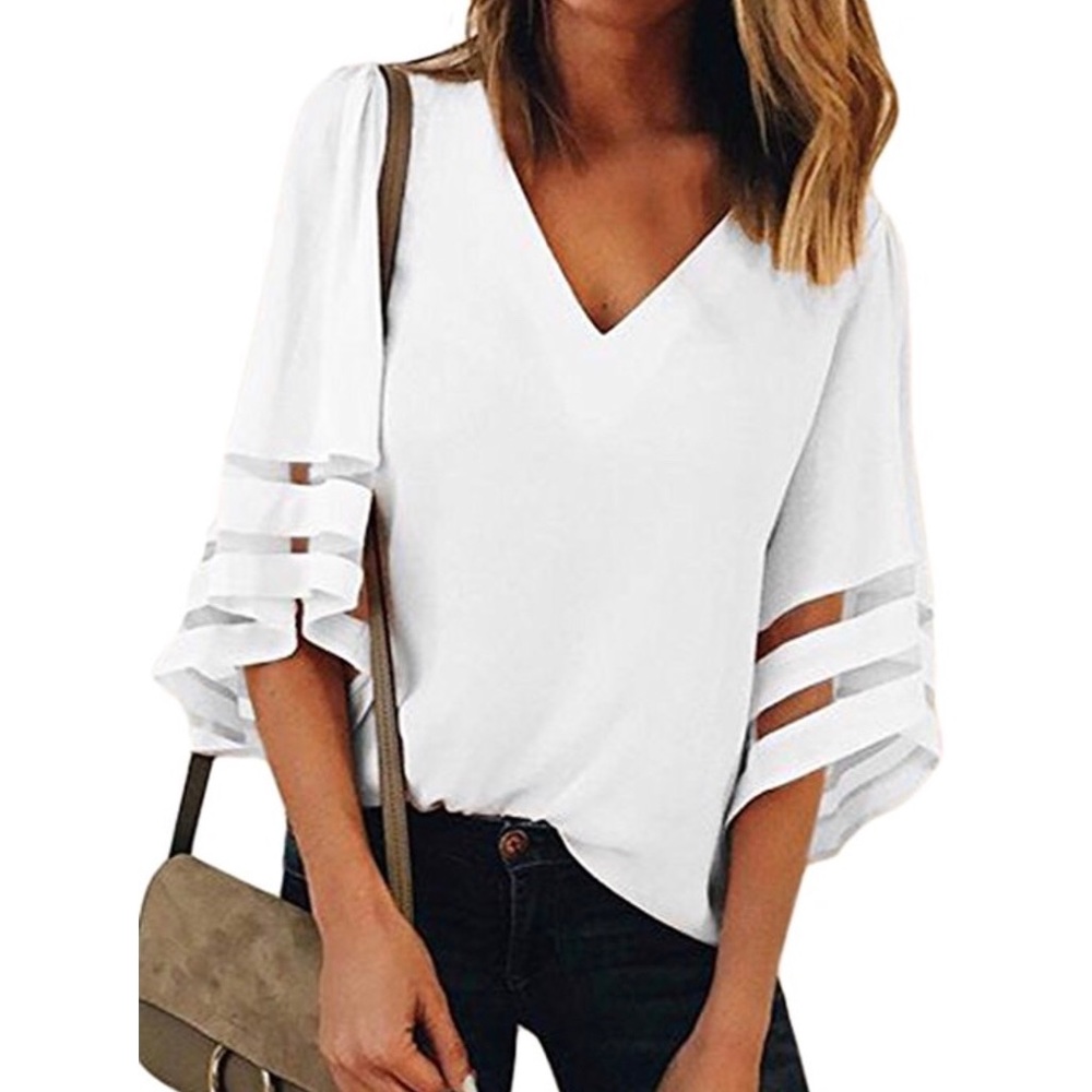 NWT V Neck Mesh Blouse 3/4 Bell Sleeve Loose Top - Picture 3 of 8